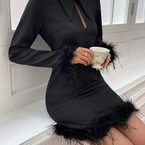 Black Fuzzy Feather Trim long sleeved Bodycon Mini Dress
